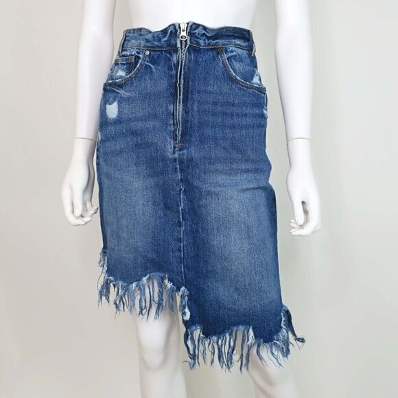 ZARA TRF Refix'd Distressed Asymmetric Skirt Raw Hem Denim Jean Refixed Small - Picture 2 of 4